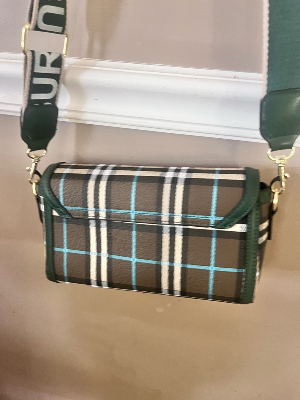 Burberry style  Green and Brown Plaid Crossbody with Logo Strap - Picture 3 of 11